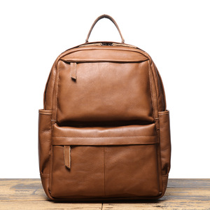 Men's Genuine Leather <b>Backpack</b> <b>Brown</b> Solid Color Large Capacity 20L And Below Leisure Travel Laptop Bag - Product Image 1