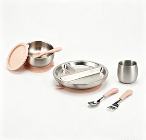Platos para bebé de acero inoxidable de doble pared con tenedor y cuchara, platos para bebé SUS304 con ventosa, plato y taza para niños pequeños - Product Image 1