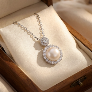 Natural Freshwater Pearl Necklace Double Circle CZ Halo Silver Plated <b>Copper</b> Jewelry Elegant Gourd Pendant Choker Bridal - Product Image 3