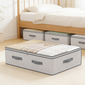 Under <b>Bed</b> Storage <b>Bag</b> Rectangle Gray Striped Large Capacity Folding Organizer For Quilts Clothes Bedroom Use - Product Image 4