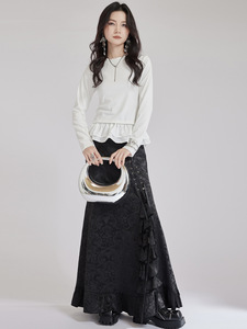 Camicie da donna in stile balletto a <span class=keywords><strong>maniche</strong></span> <span class=keywords><strong>lunghe</strong></span> con bottoni retrò in pizzo e camicette e top da donna in cotone nero - Product Image 4