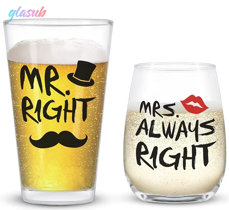 Wholesale Funny Food Grade Custom Printed Beer Glass and Stemless Wine Glass for Wedding Birthday Anniversary