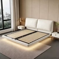 Minimalistisches Weißes Schwebendes Bett aus Weichleder mit Bewegungssensor-LED-Beleuchtung Modernes Gepolstertes Bettgestell für Hauptschlafzimmer