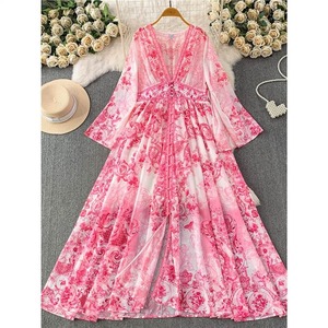 Vestido Maxi de Mujer al por Mayor, Estilo Vintage, Elegante, Estampado, con Cuello en V Profundo, Manga Campana, Abertura Alta, Cintura Alta, para Vacaciones, Fiesta, Boutique, Moda - Product Image 4
