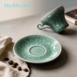 Juego de Tazas de Café de Celadón Longquan de Lujo, Taza y Platillo de Cerámica Azul Cielo Hechos a Mano, 150 ml, Juego de Regalo Artístico de Porcelana - Product Image 5