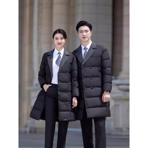 Black Cotton-Padded Coat Men Winter Long Double-Breasted Workwear Unisex Solid Color Polyester Outerwear - Product Image 5