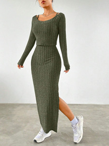 Conjunto de Moda Otoño-Invierno, Estilo Simple y Elegante, Vestido Verde con Tirantes para Mujer - Product Image 5