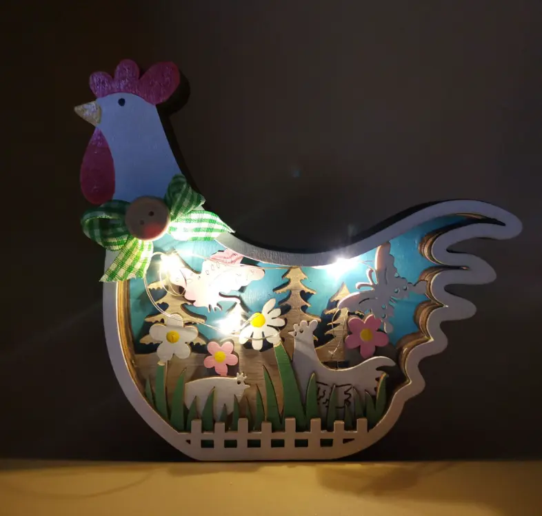 Poulet de pâques sculpté multicouche de haute qualité avec LED décorations de Table en bois clair pour la maison animaux en bois sculpture artisanat