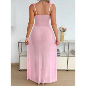 Ensemble Lingerie Érotique Deux Pièces Pour Femme Nuisette Fendue Transparente en Dentelle Brodée Rose et String Taille Basse avec Logo à la Taille - Product Image 5