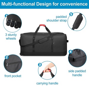 Wholesale Men Women Folding Travel <strong>Bag</strong> Durable Textile Nylon Canvas Oxford Duffle <strong>Bag</strong> Black Sports <strong>Holdall</strong> <strong>Bag</strong> <strong>With</strong> 3 <strong>Wheels</strong> - Product Image 4