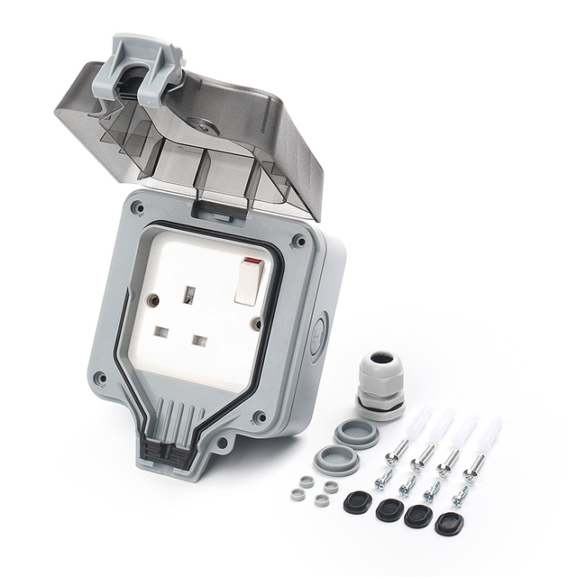 British Type Industrial 13A IP66 Outdoor Waterproof ABS Wall Socket Switch Box EKYK EK21 Grey Customizable