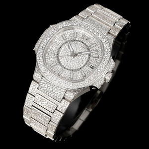 Montre de luxe haut de gamme avec bracelet en métal serti de diamants, affichage de la date, style hip-hop - Product Image 1