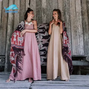 Trang Phục Đi Biển Mùa Hè Đầm Maxi Nữ Không Tay Hở Lưng Gợi Cảm Vải Lanh Boho