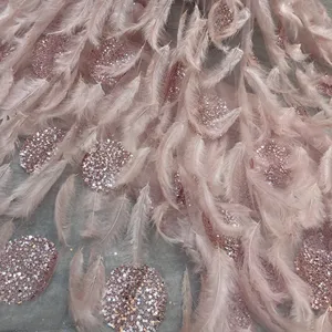 Latest Quality 3d Baby Pink Feathers Floral Tulle Wedding lace fabric Fancy Mesh With Feather Wedding Pink Feather lace fabric