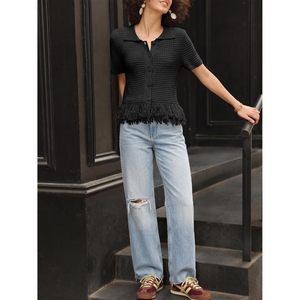 Fisoew Womens Crochet <b>Cardigan</b> <b>Short</b> <b>Sleeve</b> Fringe Collared Button Up Sweater Tops Boho <b>Summer</b> Vacation Shirts - Product Image 6