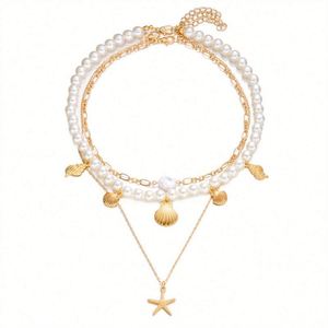 European American Summer Fashion Women's Alloy Multi-layer Pearl Starfish Shell Link <b>Chain</b> Necklace 3-Piece <b>Cross</b>-Border Set - Product Image 5