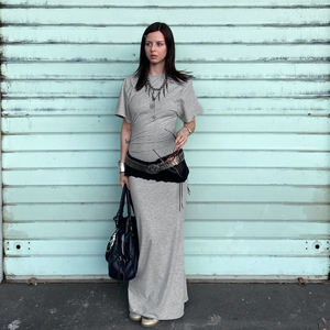 Vestido Largo Informal de Manga Corta con Cuello Redondo y Color Sólido para Mujer, Vestido Básico Informal que Adelgaza la Cintura, Vestido Largo de Moda Diaria Minimalista - Product Image 5