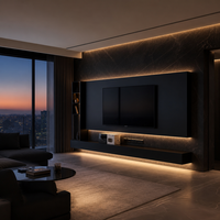 Meuble TV mural flottant noir mat moderne, console multimédia de luxe avec éclairage LED, mobilier minimaliste pour salon CE