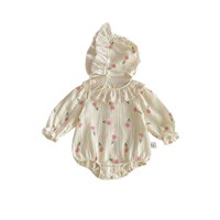 Mono de bebé 2026 de primavera/otoño con estampado floral, cuello triangular, estilo princesa tulipán, de algodón, con doble botonadura