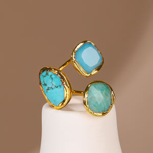 Moda Simple <span class=keywords><strong>Natural</strong></span> azul turquesa howlita azul Aventurina TianHe piedra brillo anillo abierto para fiesta - Product Image 4