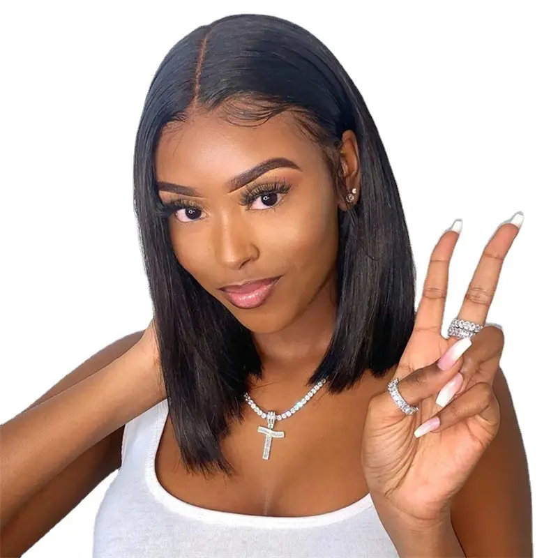 Lace Front Straight Bob Hair Wigs With Bang Full Machine Made Wigs Brazilian Remy Hair Bob Wigs For Black Woman