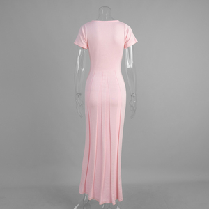 Abito lungo in viscosa casual a maniche corte in maglia, nuovo stile <span class=keywords><strong>Primavera</strong></span>/Estate 2026, scollo a V, spacco, vestibilità slim - Product Image 6