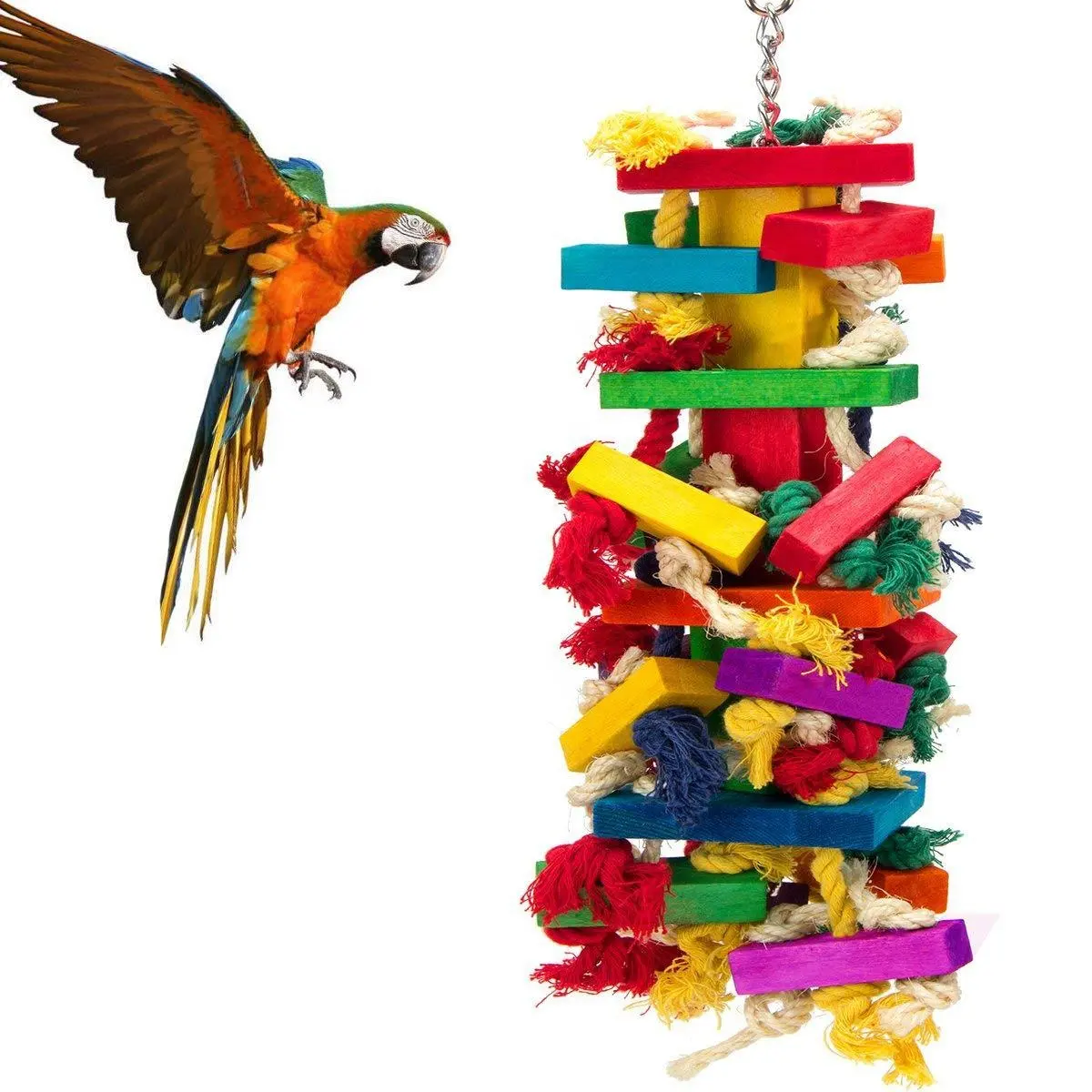VORSCHLUSS Papageien bunt kletter-kaugenspielzeug hängend aus Holz lustiges Baumwollseil Papageien-kaugenspielzeug beißen
