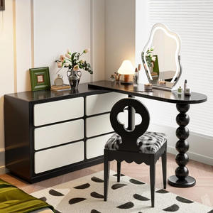 Coiffeuse moderne haut <span class=keywords><strong>de</strong></span> gamme noire avec miroir éclairé, en bois massif, intégrée à une armoire <span class=keywords><strong>de</strong></span> <span class=keywords><strong>chevet</strong></span> et un meuble d'angle rétractable pour salon - Product Image 1