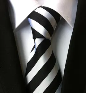 Son çizgili beyaz ve siyah polyester özel erkek kravat çin'de moda aksesuar için