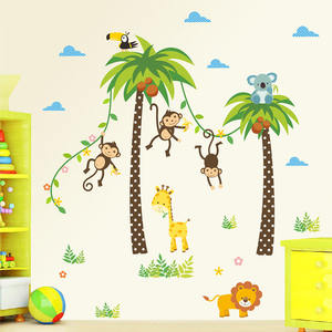 Groene Kokosnoot Boom Behang Cartoon Aap Leeuw Giraffe Stickers Tropische Plant Muurtattoo Voor Kid 'S Slaapkamer - Product Image 2