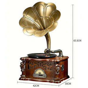 Tocadiscos de vinilo vintage directo de fábrica con bocina metálica, radio FM, USB, Bluetooth, 3 velocidades, tocadiscos de madera para decoración del hogar - Product Image 5