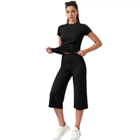 Ensemble de yoga best-seller : pantalon court uni et haut à manches courtes, en Spandex/Nylon haute élasticité, sensation seconde peau, coupe large
