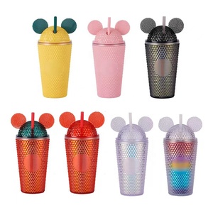 Vasos de plástico <span class=keywords><strong>Mickey</strong></span> con tachuelas de diamantes acrílicos de doble pared de 16oz con tapa de cúpula y pajita para regalo - Product Image 2