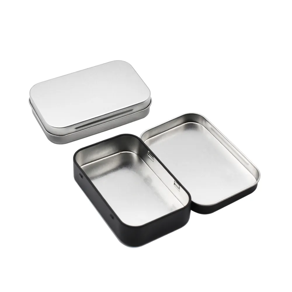 3.7X2.3X0.8 Inch Silver Black Metal Hinged Tin Box Container Mini Portable Small Storage Container Kit With Lid For Home