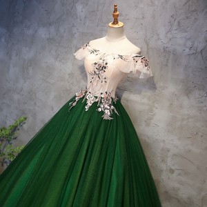 Evening Gown Green Off-Shoulder Floral Print Empire Waist Puffy Skirt Women's Dress For Wedding Party Coming Of Age Ceremony - Product Image 2