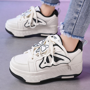 Zapatillas de Lona con Plataforma para Niña, Punta Redonda, Cierre de Cordones, Parte Superior Sintética, Suela de Goma Acolchada, para Todas las Temporadas, Blanco, Rosa, con Detalle de Lazo - Product Image 2