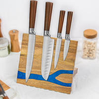 Bloc à couteaux magnétique en bois massif personnalisé avec design en résine époxy, support à couteaux magnétique en bois d'acacia de style plat pour la cuisine à domicile