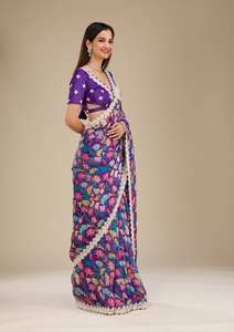 Sari Georgette Premium con impresiones digitales y bordado Codding Lentejuelas Trabajo Sari listo para mujer - Product Image 3