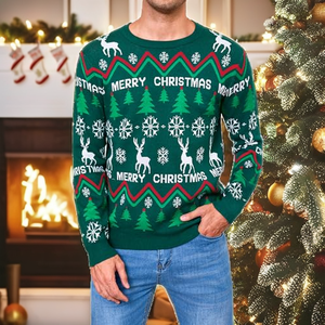 <strong>Men's</strong> Funny Ugly Christmas Sweater Knitted Pullover Green Jacquard Knit Sweater Reindeer Tree Pattern Long Sleeve Winter Party - Product Image 2