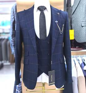 Completo <span class=keywords><strong>Uomo</strong></span> Blu Scuro a Quadri, <span class=keywords><strong>Abito</strong></span> da Cerimonia di Lusso, Set 3 Pezzi, Giacca Slim, Blazer, Pantaloni Formali - Product Image 1