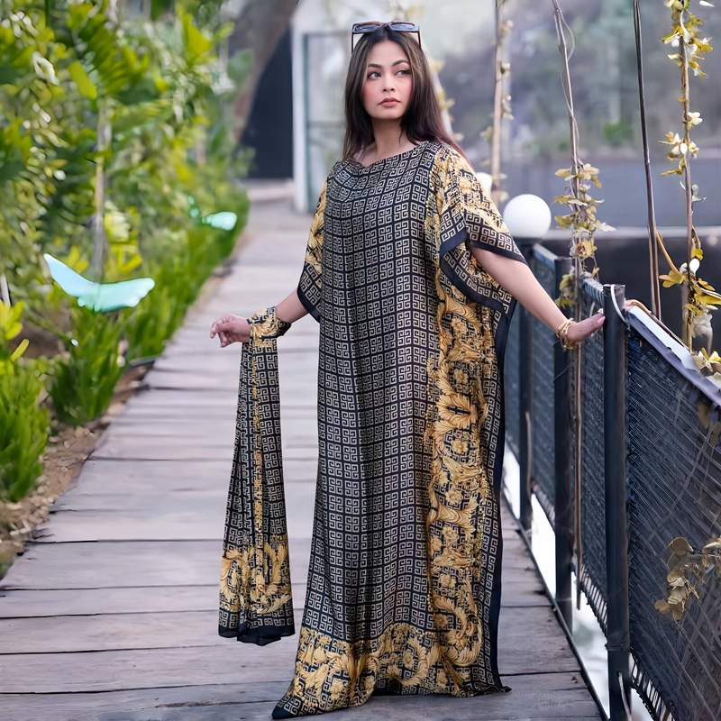 Ready To Ship Luxury Designer Silk Printed Kaftan Islamic Muslim Party Dress For Women Large Size Dressing Gowns Robes African