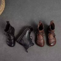 Bottines à talon plat confortables pour femmes, style coréen vintage, cousues à la main, en similicuir souple, avec fermeture éclair latérale, nœud en corde tressée, 1-3 cm