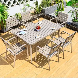 Champanhe luxuoso, cadeira de jantar e mesa de jantar para exterior em alumínio, mobília para pátio, jardim retangular, conjunto de jantar para todos os climas