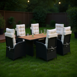 Conjunto de Comedor de Jardín de Ratán Negro con Cojines Color Crema, Muebles de Exterior para 6 Personas, Mesa de Teca, Diseño Contemporáneo, Resistente a la Intemperie - Product Image 2