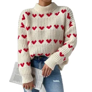 맞춤형 하트 패턴 긴팔 여성용 스웨터 풀오버 여성용 니트 터틀넥 스웨터
