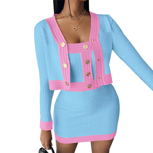 Completo Casual da Donna in Due Pezzi, Abito con Patchwork Colorato e Cardigan, Set Maglione per Confraternite - Product Image 5