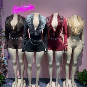 कॉमेलुकिन फैशन सेक्सी महिलाओं गहरी v गर्दन के फर एक टुकड़ा प्लेसूट जुम्पर - Product Image 1