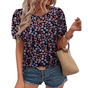 Dropshipping Shopify Blusa Túnica Casual de Verano para Mujer, Tallas Grandes, Estampado Floral, Cuello Redondo, Manga Corta, Fruncida - Product Image 3