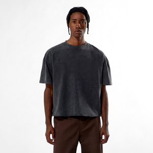 Boxy Regular Fit Dark Gray Short Sleeve T-Shirt Digital Print Street Style <b>Turtleneck</b> Knitted Breathable Acid Wash 100% Cotton - Product Image 1