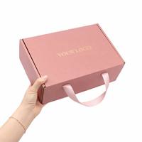 Boîte d'expédition en carton ondulé rose personnalisée avec poignée en ruban, logo en feuille d'or, emballage cadeau recyclable pour cosmétiques, chaussures, chapeaux